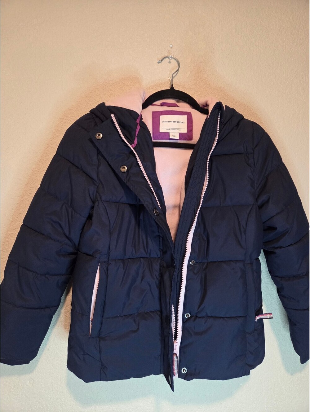 Amazon Essentials Children's Navy Blue Puffer Jacket with Hood, Size Large